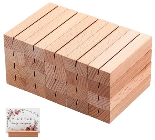 Ipetboom Lot de 20 Porte-Cartes en Bois de Hêtre 8 X 25 X 15 CM Fente Inclinée 1 MM Support Polyvalent pour Numéro de Table Porte-Photos et Cartes de Visite pour Événements et Bureau