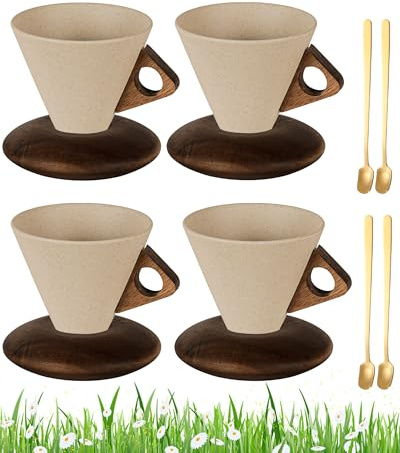 Elegant Conical Coffee Cup，250ml Vintage Cone Shaped Creative Irregular Shape Retro Wood Coffee Mug ，4pcs Set Vintage Coffee Mugs，with Wooden Base Saucer Set ， for Home, Office (4A)