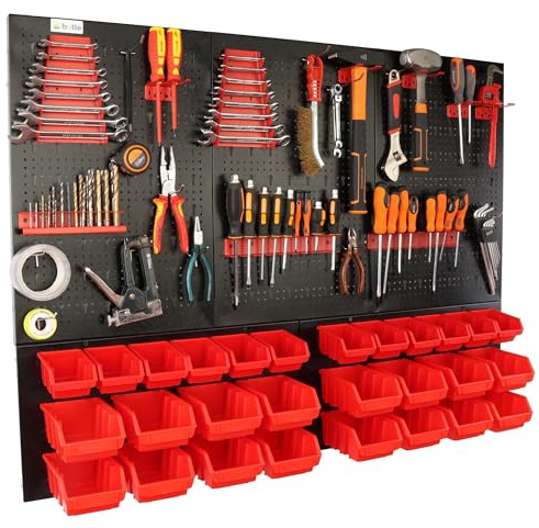 botle Panneau à outils mural perforé en métal, boîtes empilables + étagère murale + porte-outils, lot de 55 pièces, pour petites pièces, atelier mural avec 28 récipients empilables rouges