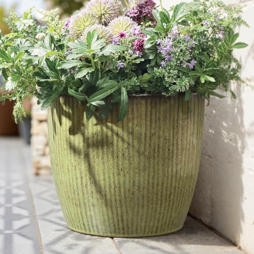 Hometopia Keramik Blumentopf, rund, mit Ablaufloch, Ø 30 cm, Gelbgrün | Keramik,Frostsicher Wetterfest,Massiver Pflanzkübel mit Drainage-Loch ideal für Balkon&Garten,Terrasse,Wohnzimmer Ø30xH27cm