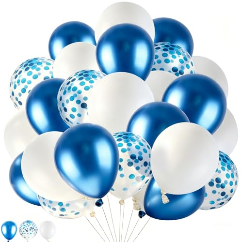 Larber 60 Pezzi Palloncini Blu e Bianchi, 30,5 CM Palloncino Blu Metallizzato Palloncini in Lattice Bianchi Palloncino con Coriandoli per Matrimonio Compleanno Laurea Festa Decorazioni