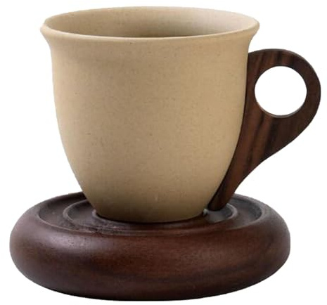 JISADER Juego de Taza de café de cerámica, Taza de té, de café con platillo de Madera para Jugo, Desayuno, Mujeres y Hombres