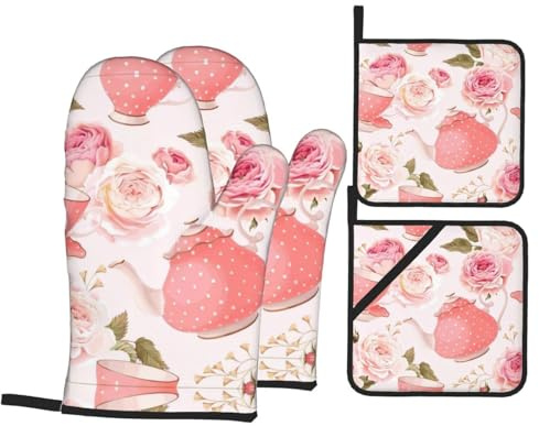 Set di 4 tazze da tè con rose romantiche stampate in stile shabby chic, con guanti da forno e tappetino resistente al calore, adatte per forno e barbecue