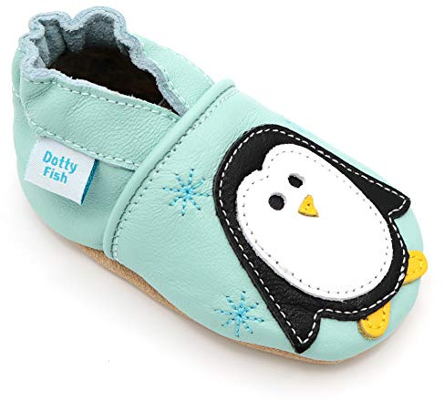 Dotty Fish Mjuka babyskor i läder för pojkar. Småbarnsskor. Halkfri. Djurdesign för pojkar och flickor. 0–6 månader – 4–5 år, Minty blå pingvin, 2-3 år