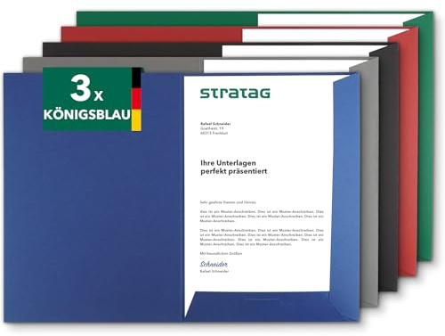 Präsentationsmappe A4 Königsblau (3 Stück) - sehr stabiler 350 g/m² Naturkarton - Dokumentenmappe A4 direkt vom Hersteller STRATAG - Urkundenmappe für Angebote, Exposés, Projekte & Geschäftsberichte