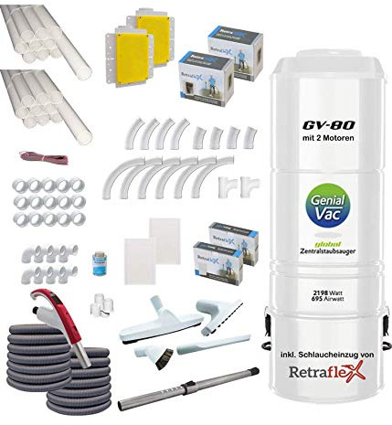 Genial System global Wäscheschacht-Systeme Genialvac Zentralstaubsauger - Set Retraflex Neu-klein mit 2xSchlaucheinzug 9m (mit Gerät GV-80 zweimotorig, 105x36cm)