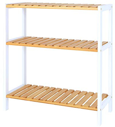dibea Skohylla med 3 förvaringsfack skoskåp badrumshylla vardagsrumshylla stående hylla bambuhylla badrumshylla bokhylla kökshylla 60 x 26 x 66 cm, naturfärger/vit