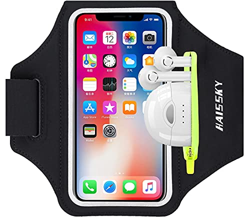 HAISSKY Brassard de Sport avec Poche Écouteur, Brassard Sport pour iPhone 14 13 12 11 Pro Max XR XS X 8 7, Brassard Telephone Smartphone Running Brassard pour Jogging Cyclisme Randonnée (Noir)