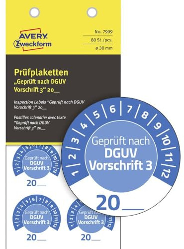 AVERY Zweckform, 7909, Prüfplaketten, Geprüft Nach DGUV Vorschrift 3, Langlebig, Selbstklebend, 30 mm, Prüfaufkleber, Prüfsiegel aus Vinyl, Blau, 80 Stück