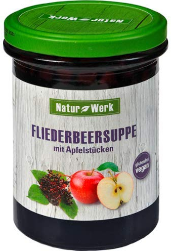 Fruchtsuppe-Fliederbeersuppe / Holundersuppe mit Apfelstücken, eine feine und natürliche Kaltschale von Natur Werk 6 Gläser mit a,385ml