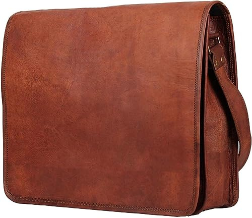 ALASKA EXPORTS Läder messengerväska bärbar dator axelväska med justerbar rem äkta läder skolväska crossbody affärer väskor för män och kvinnor för arbete kontor och högskola, Brun, 13''