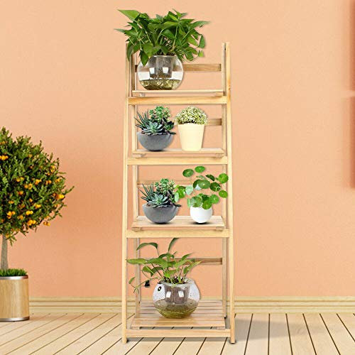 EliteKoopers 4-Tier Wooden Folding Ladder For Book Shelf Stand Plant Flower Display Shelving Rack