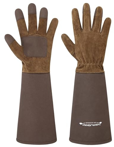 HLDD HANDLANDY Long Gardening Gloves for Women Men - Leather Rose Pruning Gloves Thorn Proof - Breathable Working Glove for Planting, Weeding, Yard Work