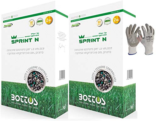 Bottos Sprint N, Concime Fertilizzante azotato per l'esigenza nutritiva del tappeto erboso, 4kg per 160mq (2kg x 2pz) *inclusi GUANTI VF UTILIA IN NITRILE/NYLON*