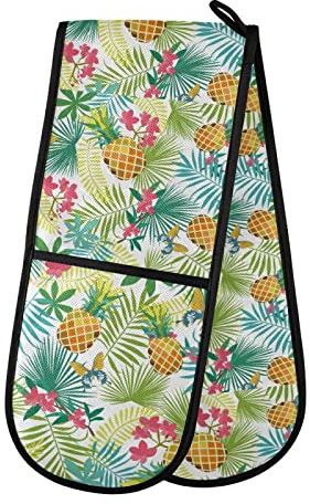 Green Tropical Palm Tree Leaves Yellow Pineapple Pink Flowers Double Oven Mitt Gloves Extra Long Potholder High Heat Resistant for Baking Cooking Baking Grilling Handling Hots Pans 35x7