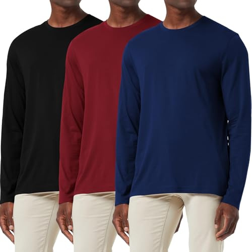 3-pack bomullströja för män, lös passform, långärmad t-shirt, fukttransporterande, rundhalsade skjortor, komfort, ledig, baslayer-toppar, 3-pack: Svart/marin/röd, S