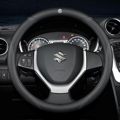 TEMKIN Auto Lenkradbezug Leder für Suzuki Ignis 2016-2023 Nappa Leder Anti Rutsch Atmungsaktiver Heavy Duty Lenkradbezug rutschfest Lenkradschutz Größe 37-39cm für Männer Frauen,White
