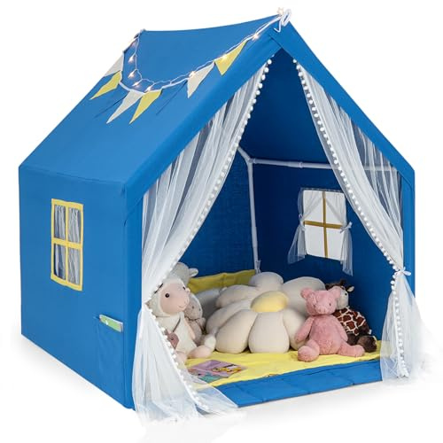 HONEY JOY Kids Tent, Large Kids Play Tent w/Washable Padded Mat, Star Lights, Flags, Windows & Storage Pocket, Indoor Outdoor Toddler Playhouse, 48” x 42” x 50”, Tent for Kids Boys Girls