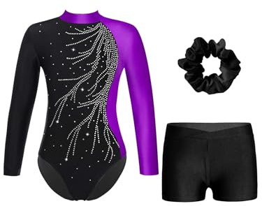 FEESHOW Mädchen Kinder Turnanzug Mit Hose Langarm Turntrikot Gymnastik Body Gymnastik Shorts Und Haargummi Ballett Tanzoutfit