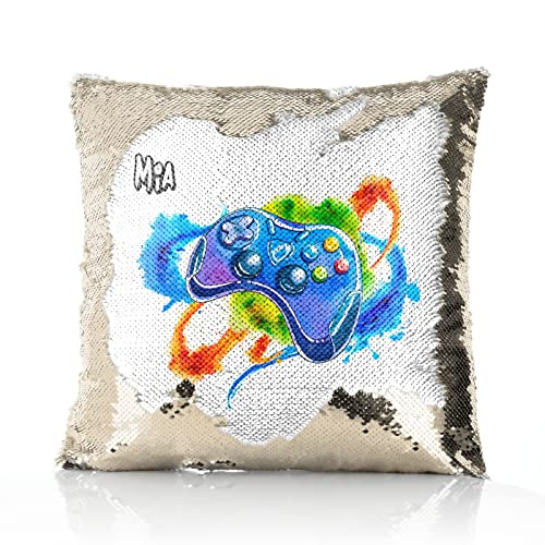 Hairyworm Personalised Cushion, Champagne, Silver, Blue, Red or Gold Squin Flip Square Cushion Customised with Initial/Name/Text, Blue Gaming Controller Design Print, Square Pillow