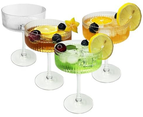 whatAmug 4 Pcs Ribbed Coupe Glasses, 10 oz Vintage Cocktail Coupe Glasses Set, Classic Cocktail Galssware, Bar Drinking Glasses Set Pefect, Wine, Champagne & Gift (CLEAN)