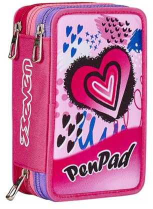 Seven Astuccio 3 Scomparti PEN PAD, Rosa, Triplo Scomparto, Completo di Matite, Pennarelli, Colori, Accessori Zaino, Elementari, Medie, Superiori, Bambina e Ragazza