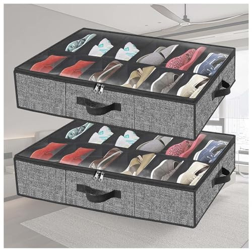 RYJYQYX Bettkasten Aufbewahrung Foldable für Schuhe Aufbewahrung, Unterbettkommoden mit transparenter Deckel, Faltbare Aufbewahrungsbox für Schuhe,Kleidung,Stiefel,Spielzeug,Taschen,B-2Pcs