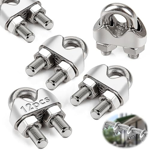 Mbsomnus Wire Rope Cable Clip Clamps M3 12 Pcs Wire Rope Clamp U Bolt Clamp 304 Stainless Steel for 3mm (1/8) Wire Rope Cable for Wire Fence Clips Garden Tension Wire Ropes