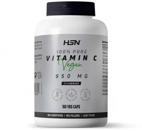 HSN Vitamina C 950mg | 180 Cápsulas Vegetales | 100% Puro Ácido Ascórbico, 0% Aditivos - Alta Pureza y Concentración | No-GMO, Vegano, Sin Gluten