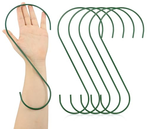 5 Pack 30cm Large S Hooks - Heavy Duty Steel Metal With Non Slip Vinyl Black Rubber Coating for Closet, Bird Feeder, Planter Hanger, Tree Mount - Rustproof (Green)