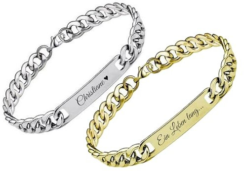 aplusashop Edelstahl Armband + Gravur nach Wunsch Partnerarmbänder mit Box, silber oder gold (Gold, Mit Gravur)