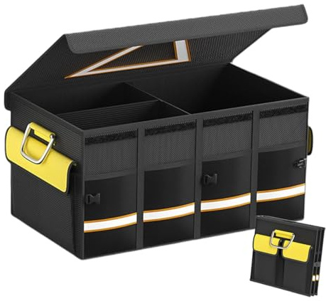 Premium Kofferraum-Organizer mit Deckel, 68 L Faltbare Auto Kofferraumtasche Multifunktionellem Auto Faltbox, Wasserdichtes Kofferraumfach für Alle Auto, Camping, Picknick, Einkaufenf ( 4 Fächer )