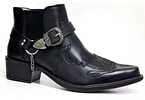 Mens Western Buckle Strap Ankle Dress Boots Metal Chain Cowboy Boots Casual Dress Slip On Chelsea Men Shoes,Black,9 UK