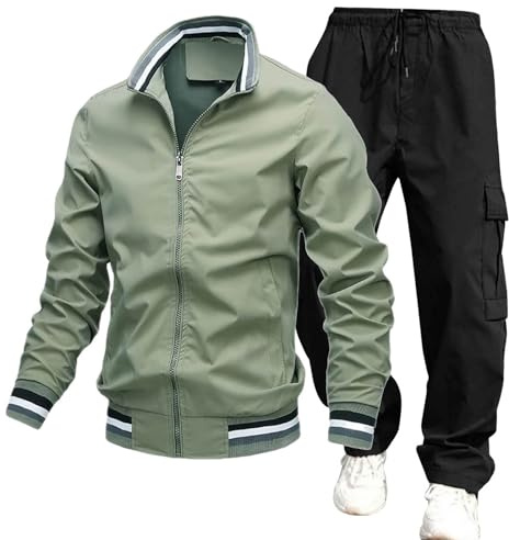 WAZHAKU Tuta da jogging da uomo, lunga da uomo, per il tempo libero, in due pezzi, per il fitness, 2 pezzi, giacca invernale e pantaloni della tuta casual, X verde., XL