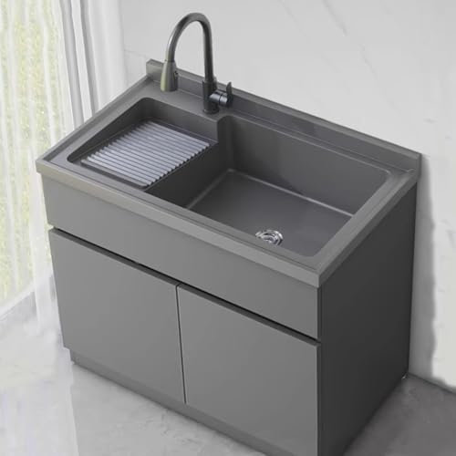 Generico Lavandino per Lavanderia con mobiletto e Rubinetto Estraibile, Stazione di Lavaggio per lavabo con mobiletto in Alluminio, mobiletto con lavandino per Stanza, Cucina, Bagno, seminterrato (90