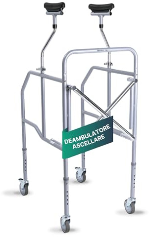 REMEDIA ONE Deambulatore per Anziani Pieghevole Ascellare in Acciaio | Girello per Anziani e Disabili, Appoggi Sottoascellari e Gambe Regolabili, Acciaio Verniciato, 4 Ruote, Interni ed Esterni