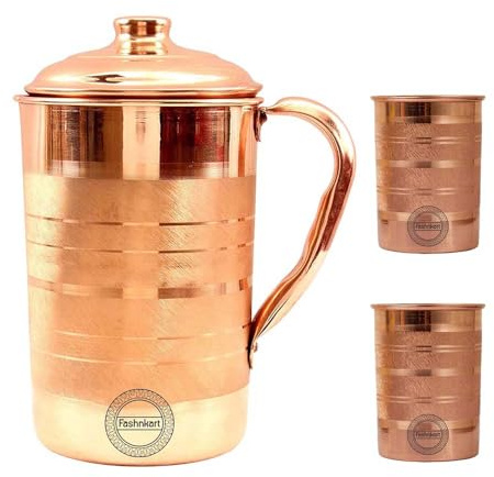 Pichet en cuivre fait main avec 2 verres pour l'eau potable, touche argentée, pour les bienfaits de l'Ayurveda, pichet traditionnel en cuivre pour boire, 1,5 litre, 50,7 oz