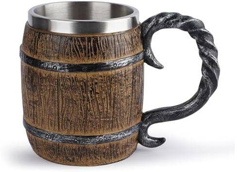 Wooden Barrel Beer Mug, Bucket Shaped Drinkware with Handle, 450ml Old-Fashioned Stainless Whiskey Barrel Cup, Medieval Coffee Mug Tea Cup, Gift for Men
