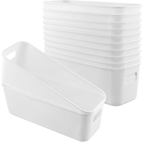 NGOSUET 12 Stück Kunststoff Aufbewahrungsbox Schmal Weiß, Plastik Aufbewahrungskorb mit Griffen, Kunststoff Küchenschrank Organizer Box, Aufbewahrungboxen Weiss für Küche, Badezimmer, Kosmetik, Büro