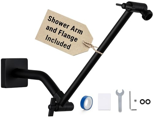 G-Promise 11 Inch Shower Head Extension Arm with Shower Arm and Flange, Solid Brass Flexible Height & Angle Extender with Lock Joint, Compatible with Rainfall and Handheld Showerhead (Matte Black)