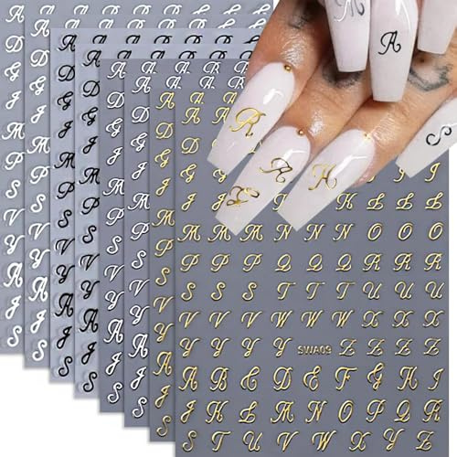 CHarmeFleur Resumen de Calcomanías para Uñas 8 Hojas Letras Antiguas en Inglés Pegatinas para Uñas 3D Autoadhesivas Oro Plata Negro Blanco Patrón Retro en Inglés Alfabeto