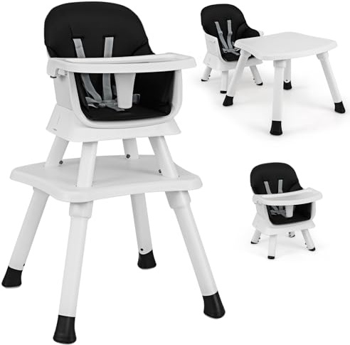 GOPLUS 6 in 1 Kinderhochstuhl, Kindersitzgruppe, Essstuhl, Lerntisch, Bausteintisch, Hochstuhl mit 5-Punkt Sicherheitsgurt, Babyhochstuhl mit Tablett, Kinderstuhl für Baby von 7-36 Monaten, Schwarz