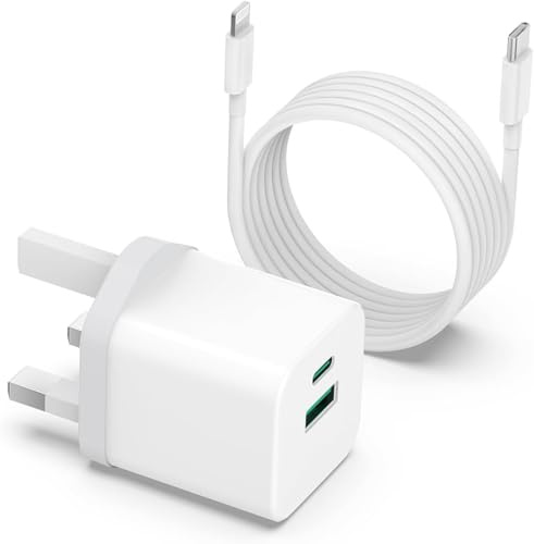 25W PD Fast Charger Plug USB C & USB A Dual Port + 2M Type-C to Light-ing Cable | iPhone Fast Charging Adapter for iPhone 14 13 12 11 Pro Max, iPad, Compatible with Samsung Galaxy, AirPods – UK