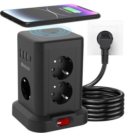 Tour de prise 7 prises avec chargeur sans fil - Protection contre les surtensions - Interrupteur - 10 A - 2300 W - Multiprise (7 Schuko + 4 USB) - Multiprise avec rallonge de 2 m - Pour bureau - Noir