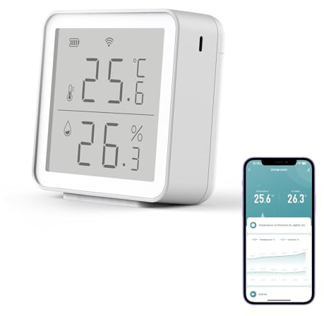 Wifi Thermometre interieur Connecté, Wlan 2.4G Thermometre Hygrometre interieur, Capteur Humidité Connecté,Compatible avec Alexa/Google Home/Tuya/Smart life,écran LCD, Alertes sur l'App