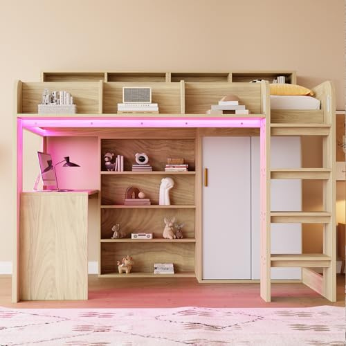 Merax Hochbett 90x200 cm mit Schreibtisch, Kleiderschrank und Stauraum, Hochbett aus Holz mit LED-Beleuchtung und Steckdosen, Lattenrost inklusive, Holzfarbe (ohne Matratze)