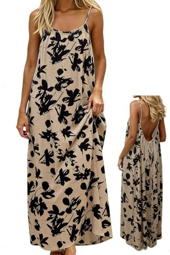 makabaky Sommerkleid Damen Lang Rückenfrei Spaghettiträger Strand Luftig | Bequemes Design,Lounge,Urlaub,Alltag,Freizeit,Hauskleid