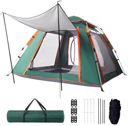 Warmiehomy Tenda pop-up per 2-3 persone, tenda da campeggio automatica con portico estensibile, impermeabile, tenda a cupola con tettuccio, 2 porte e 2 finestre, borsa per il trasporto inclusa, per