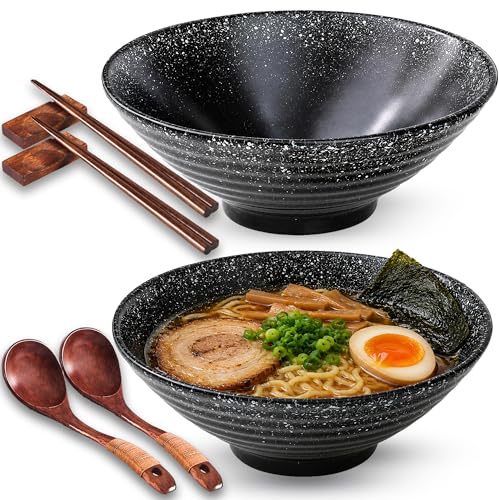 ECLIO Porcelain Ramen Bowl Set of 2-1000ml 34-Oz with Wooden Chopsticks, Spoons & Rests-Japanese Large Ramen Bowl for Noodle Soup Salad Pho Cereal Pasta-Microwave & Dishwasher Safe-Presentable Gift