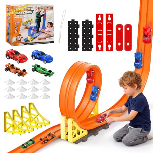 Ecofocet 5 Meter Flexible rennbahn Kinder, Rennstrecke Auto Spielzeug, DIY Rennbahn Spielzeug, Autorennbahnen mit Zubehör, Dual Rennstrecke Rampen, Mit 4 Autos, für Kinder ab 3 Jahren